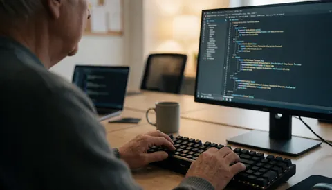 A programmer works at a desk using a mechanical keyboard and a monitor displaying code, suitable for a coding course website.