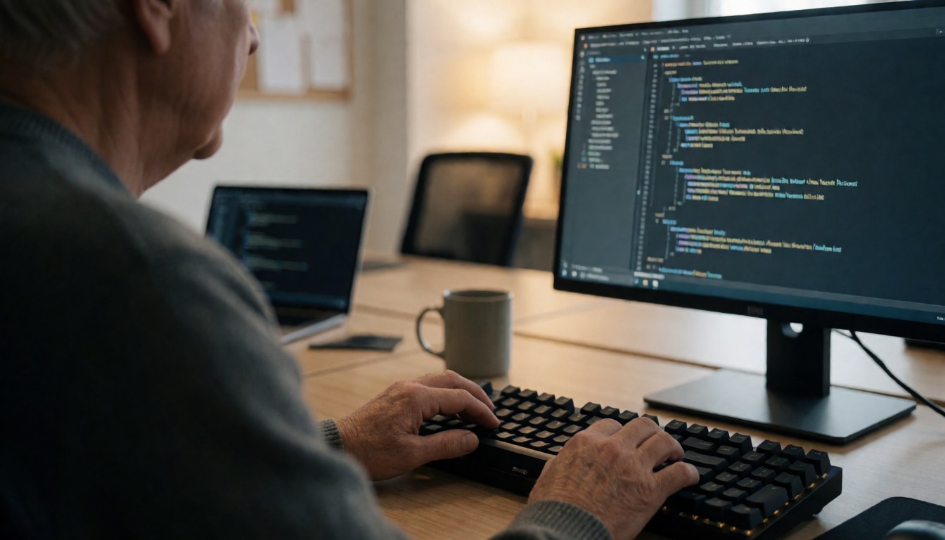 A programmer works at a desk using a mechanical keyboard and a monitor displaying code, suitable for a coding course website.