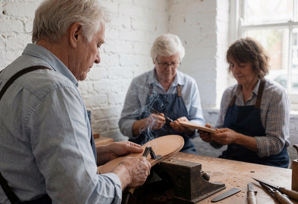 Three artisans in a shoe workshop, one lasting a heel while the other two observe the work process.