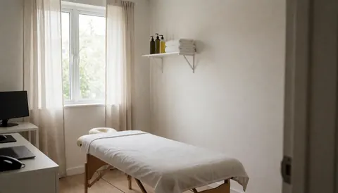 Massage room featuring a table covered with a white sheet, shelves with towels and oils, a window with curtains, and clean white walls.