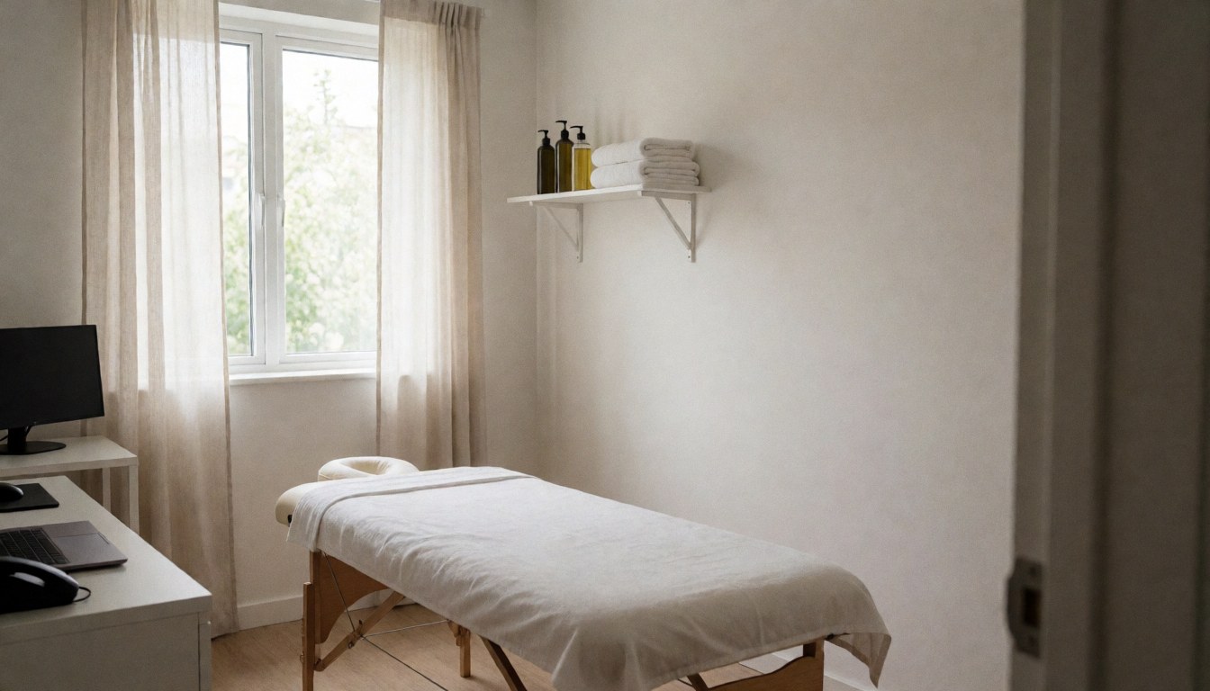 Massage room featuring a table covered with a white sheet, shelves with towels and oils, a window with curtains, and clean white walls.