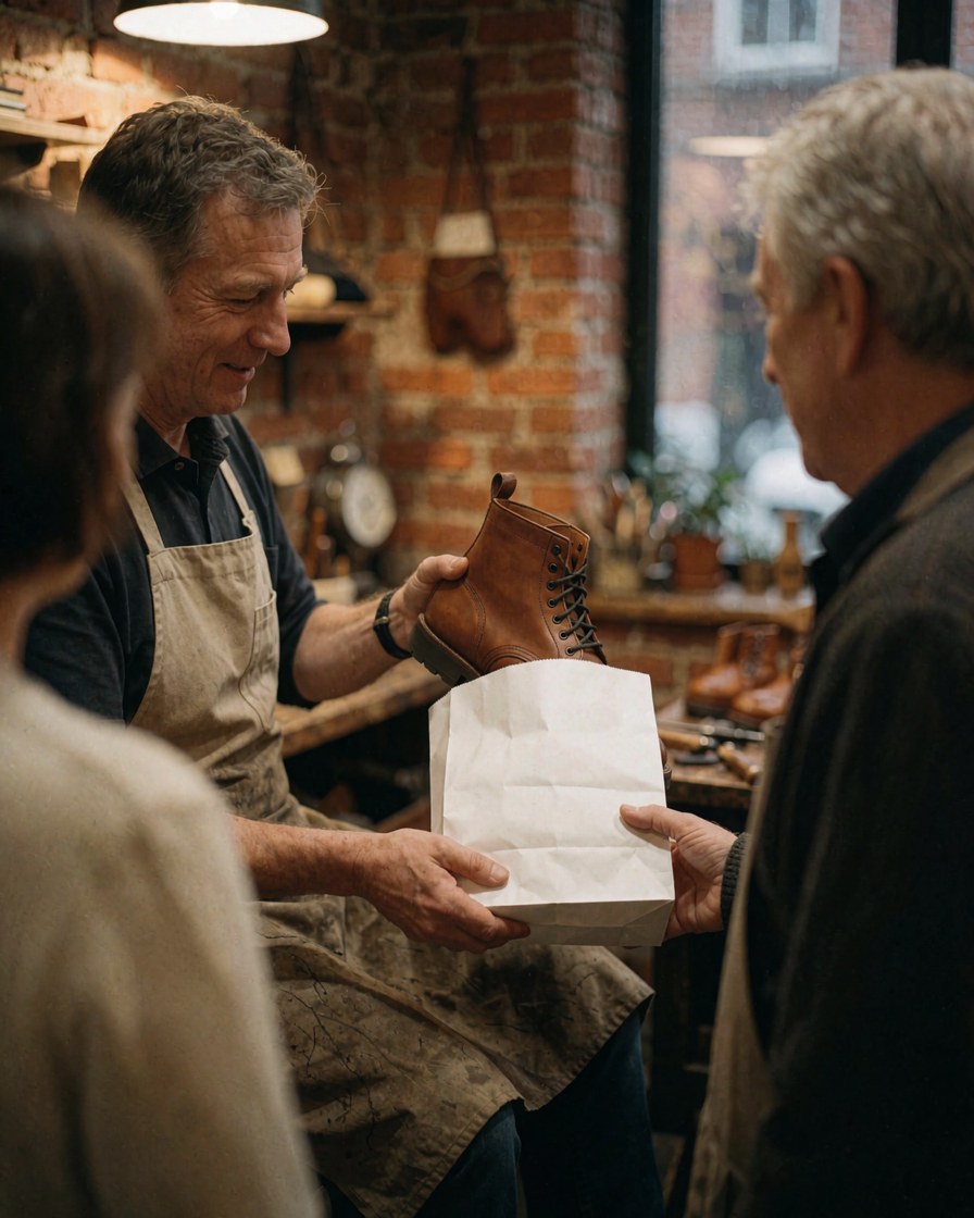 Shoe repairman hands repaired boots to a customer in a workshop with a brick wall.