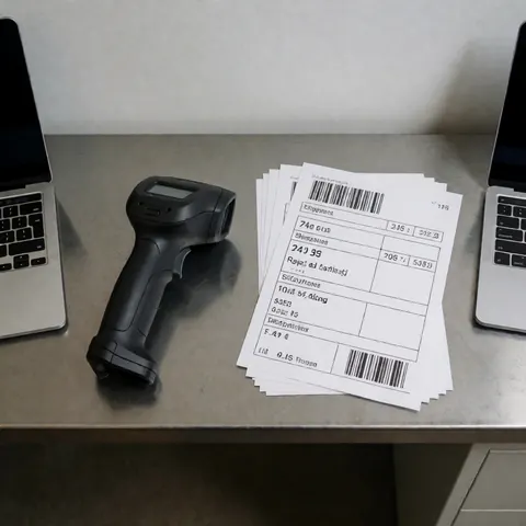 Barcode scanner and shipping labels resting on a metal table in a logistics office with light gray walls.