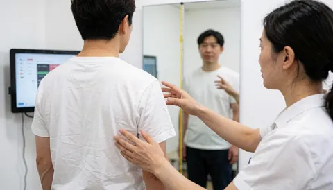 Therapist analyzing patient posture in front of a mirror using a plumb line and digital screen in a clinic.