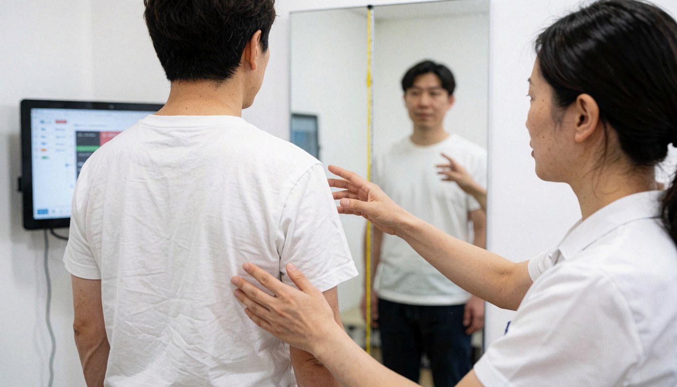 Therapist analyzing patient posture in front of a mirror using a plumb line and digital screen in a clinic.