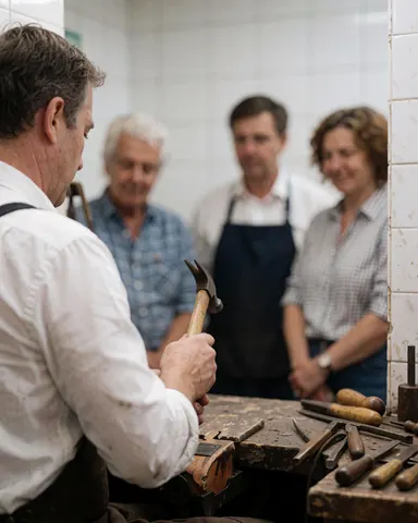 Shoemaker using hammer and tools in a workshop with white tiled walls while three people watch in the background.
