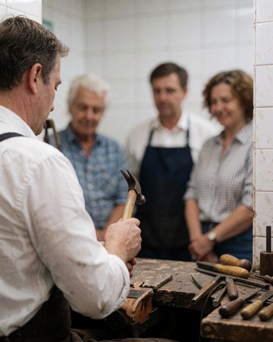 Shoemaker using hammer and tools in a workshop with white tiled walls while three people watch in the background.