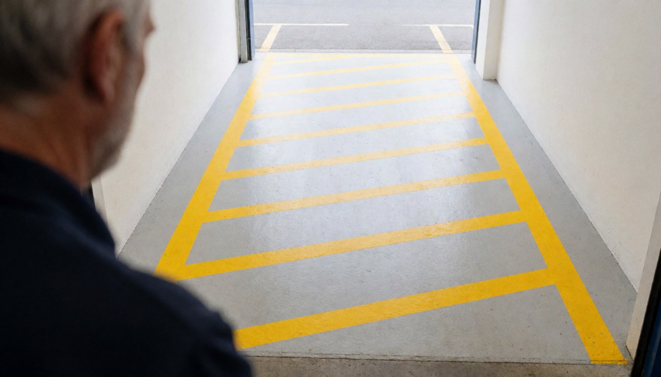 Back view of a worker standing in a parking area marked with yellow lines on the pavement near white walls.