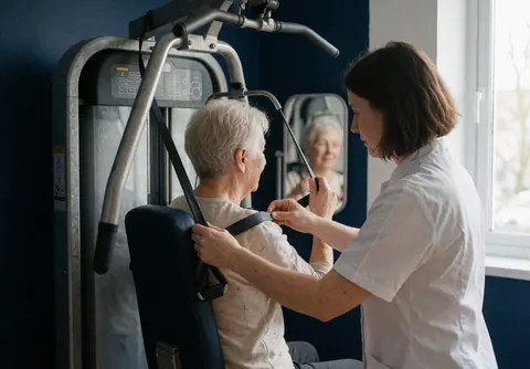 Therapist adjusting a resistance band on a patient during a physiotherapy session in a rehabilitation center with navy blue walls and natural light.