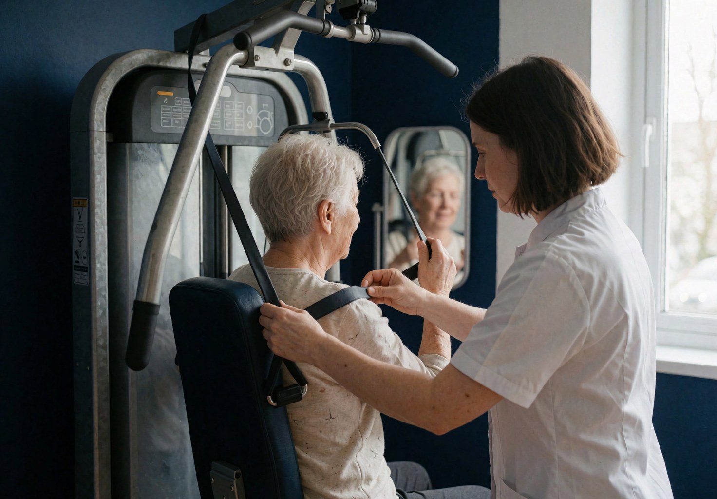 Therapist adjusting a resistance band on a patient during a physiotherapy session in a rehabilitation center with navy blue walls and natural light.
