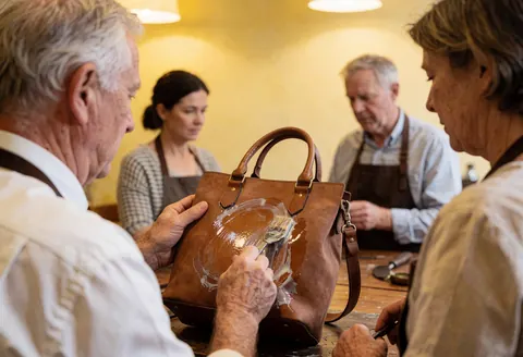 A craftsman applies a leather care product to a brown leather bag on a workbench in a workshop with yellow walls.