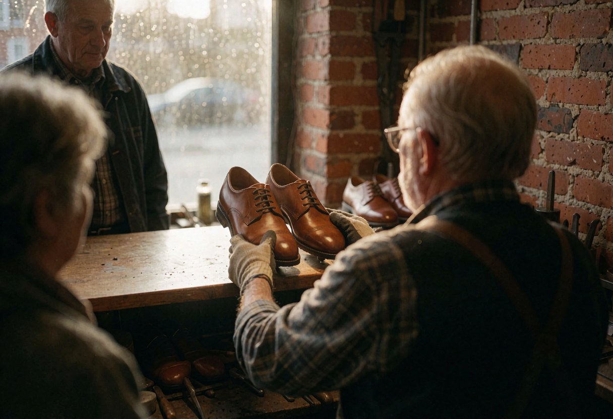 A cobbler wearing gloves places a pair of leather shoes on a wooden counter in a workshop with brick walls and window light