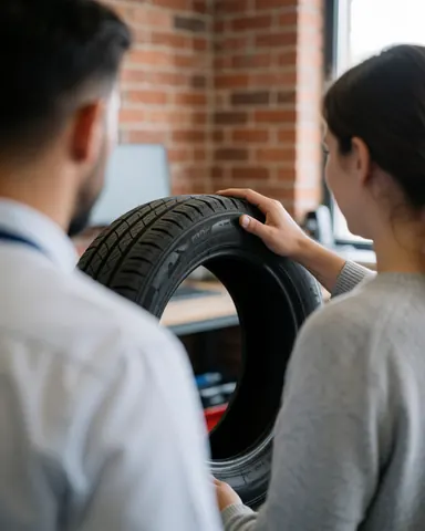 Back view of a customer checking a tire with a technician in a workshop with a red brick wall, showing tire repair service in action.