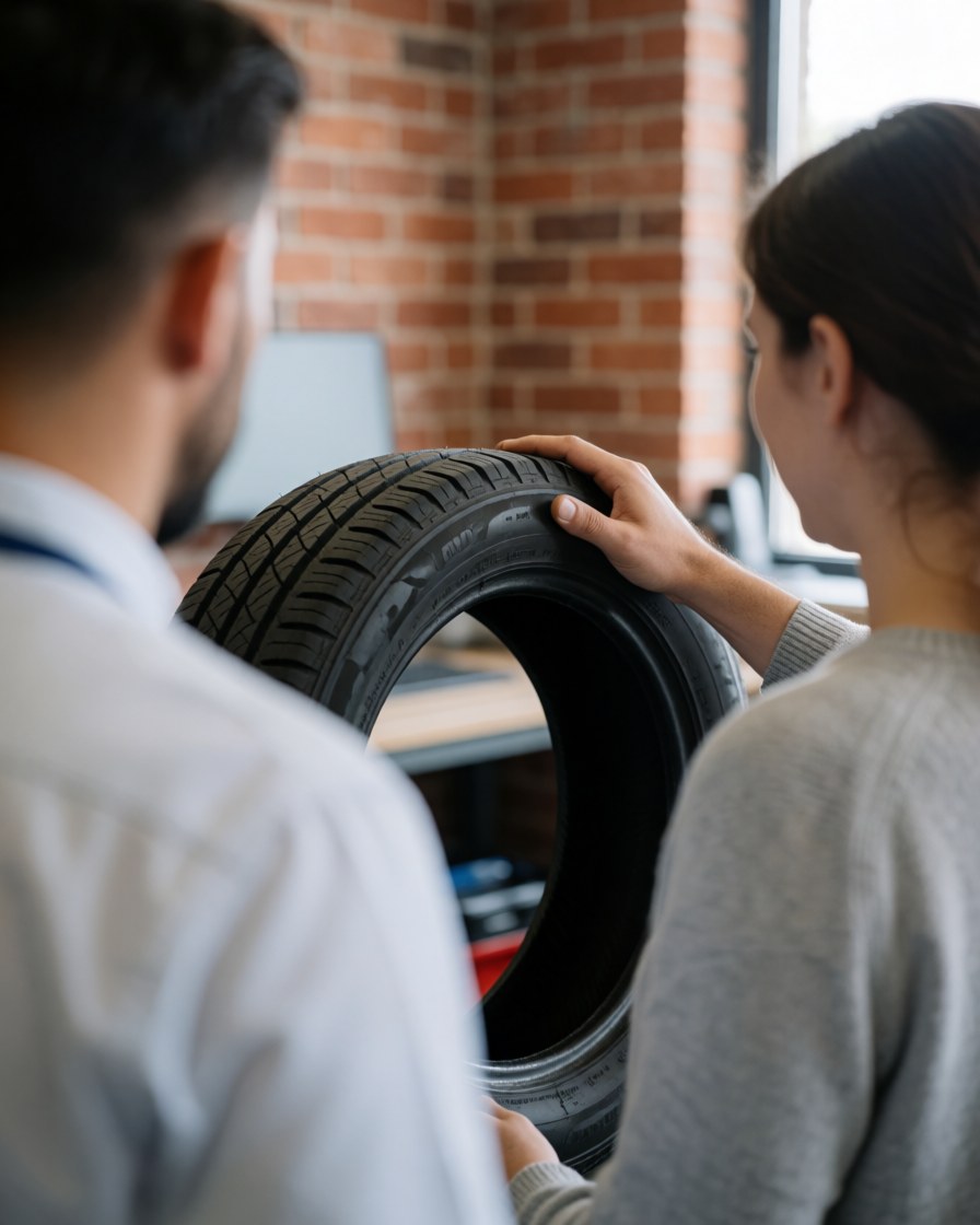 Back view of a customer checking a tire with a technician in a workshop with a red brick wall, showing tire repair service in action.