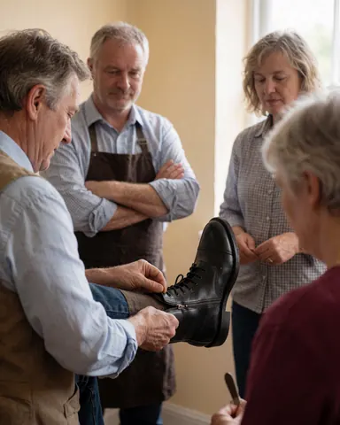 A cobbler works on black boots while customers watch in a workshop with beige walls and natural light.