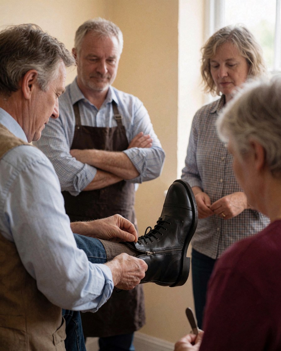 A cobbler works on black boots while customers watch in a workshop with beige walls and natural light.