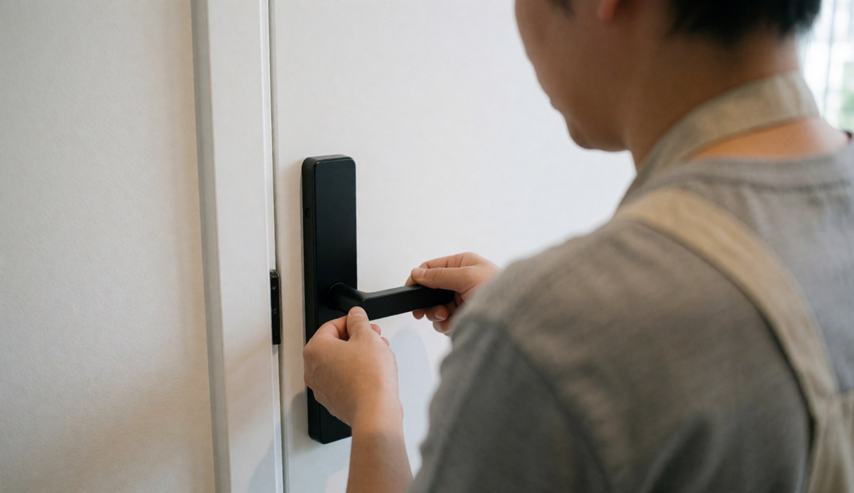 A locksmith technician adjusting a modern black door handle on a white door in a well-lit interior setting.