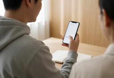 Back view of person using smartphone at light wood desk with natural light, suitable for online course marketing.