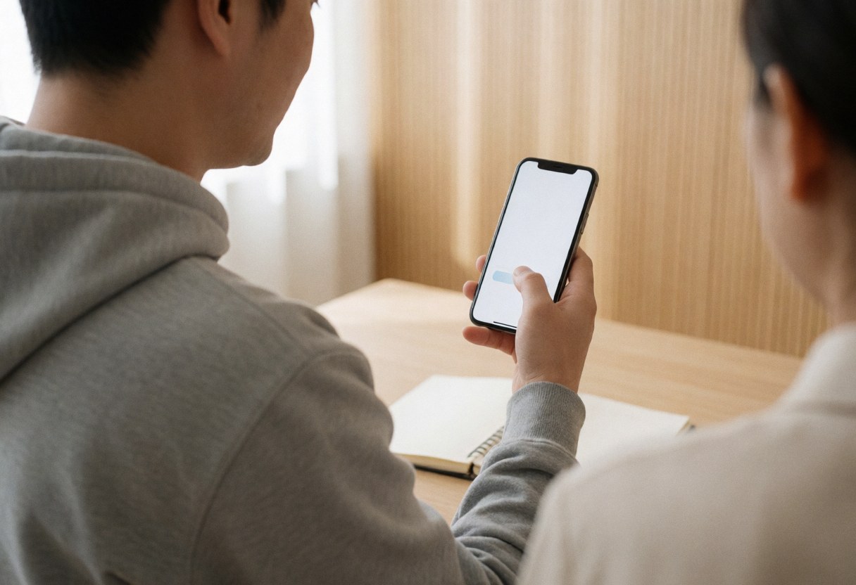 Back view of person using smartphone at light wood desk with natural light, suitable for online course marketing.