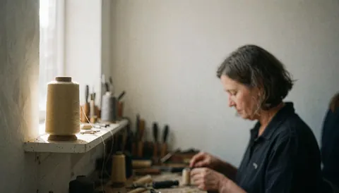 Cobbler working with sewing thread in a well-lit workshop with visible sewing tools, white wall, and natural light