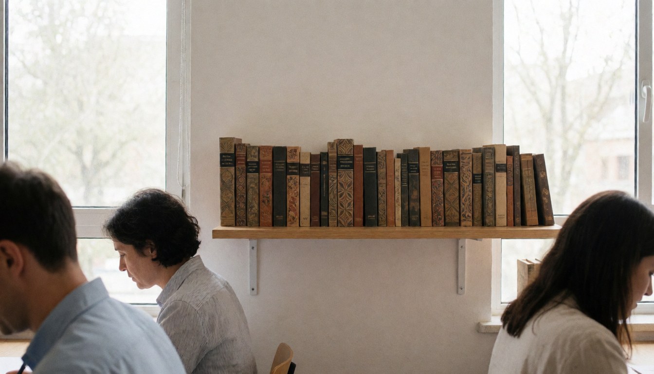 Three people studying in a room with a bookshelf, windows, and white walls, ideal for online courses