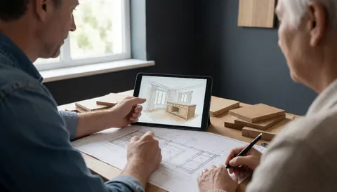 Two professionals review a 3D furniture design on a tablet alongside architectural blueprints and wood samples in an office with gray walls.