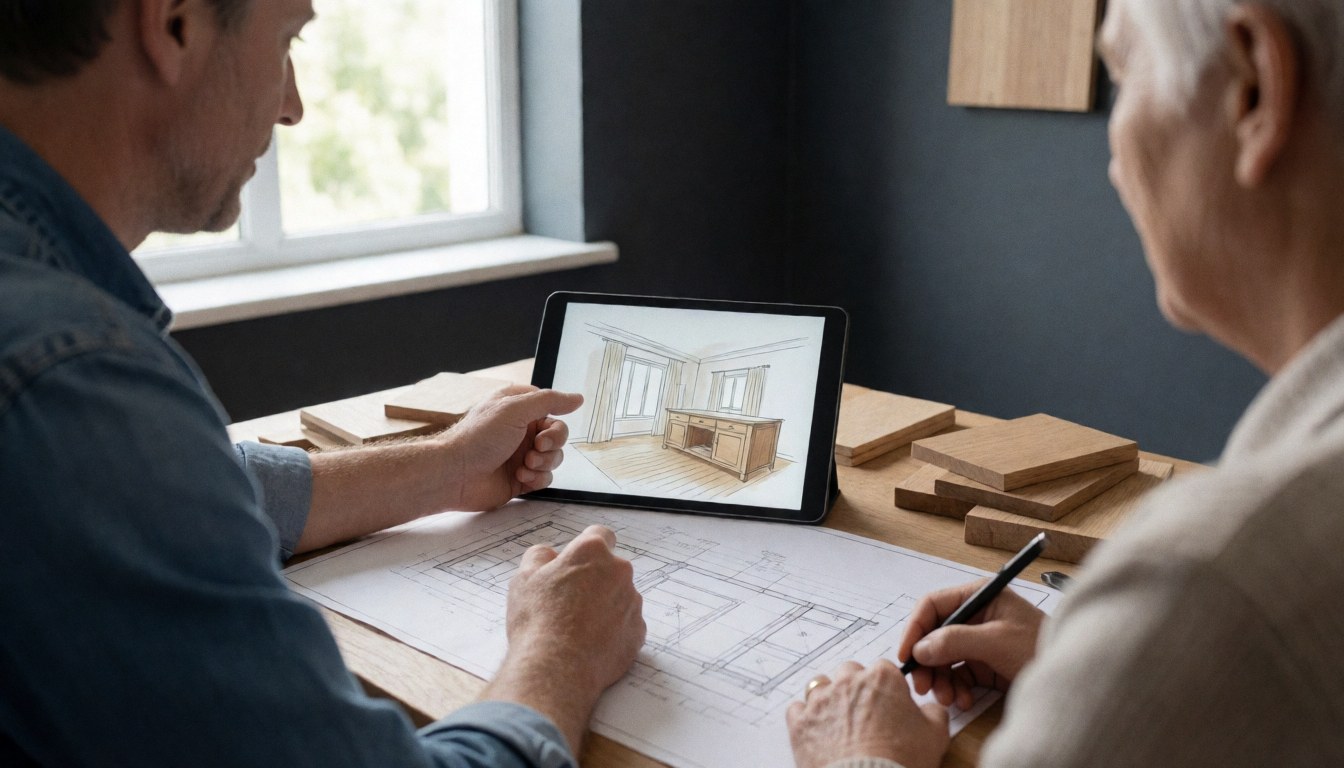 Two professionals review a 3D furniture design on a tablet alongside architectural blueprints and wood samples in an office with gray walls.