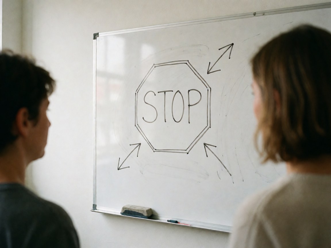 Whiteboard displaying a stop sign and directional arrows, suitable for online courses and workshops