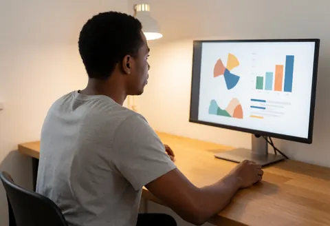Back view of person working at wooden desk with educational charts on screen, warm desk lighting, ideal for online courses