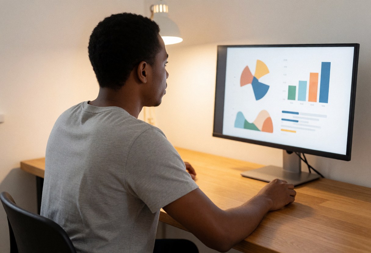 Back view of person working at wooden desk with educational charts on screen, warm desk lighting, ideal for online courses