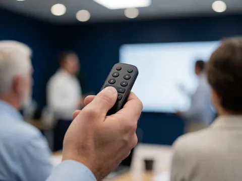 Close-up of a hand holding a remote control during a professional presentation with a projector and blue wall in the background