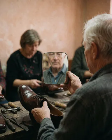 A customer looks at their polished shoe reflected in a small mirror inside a cobbler workshop with visible tools and light walls.