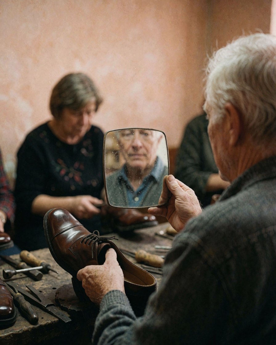 A customer looks at their polished shoe reflected in a small mirror inside a cobbler workshop with visible tools and light walls.