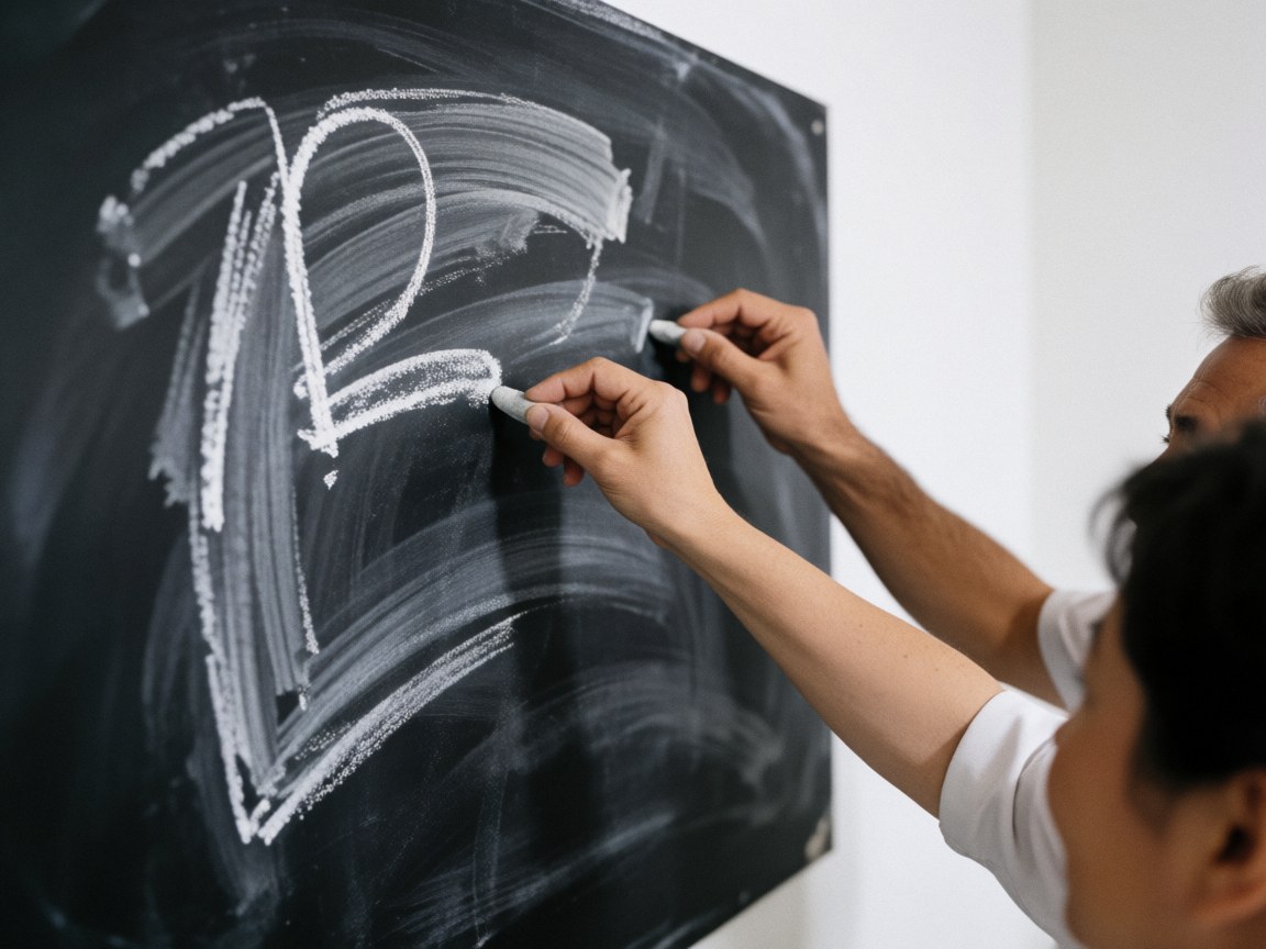Close-up of an adult hand writing with white chalk on a blackboard, showing detailed handwriting for online course instruction.