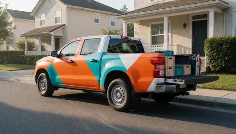 Pickup truck with open bed carrying organized boxes, ready for residential street marketing and mobile business use