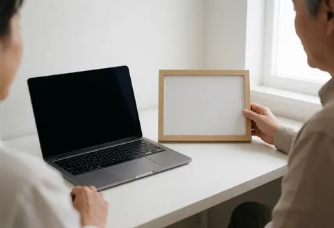 A hand places an empty frame beside a laptop on a white desk illuminated by natural light, illustrating online course services.