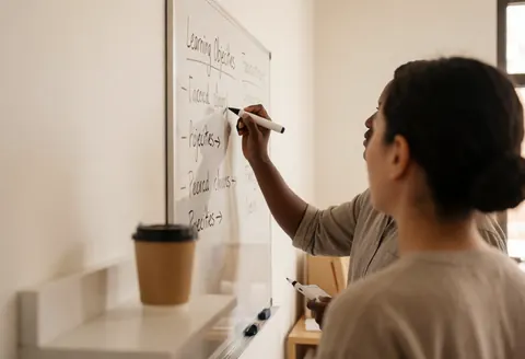 Professional writing learning objectives on a whiteboard with a coffee cup in the foreground for online courses