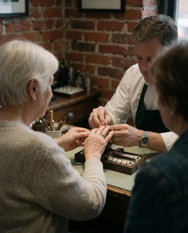 A jeweler carefully adjusting a ring while holding it in a client's hand, with tools visible against a brick wall background