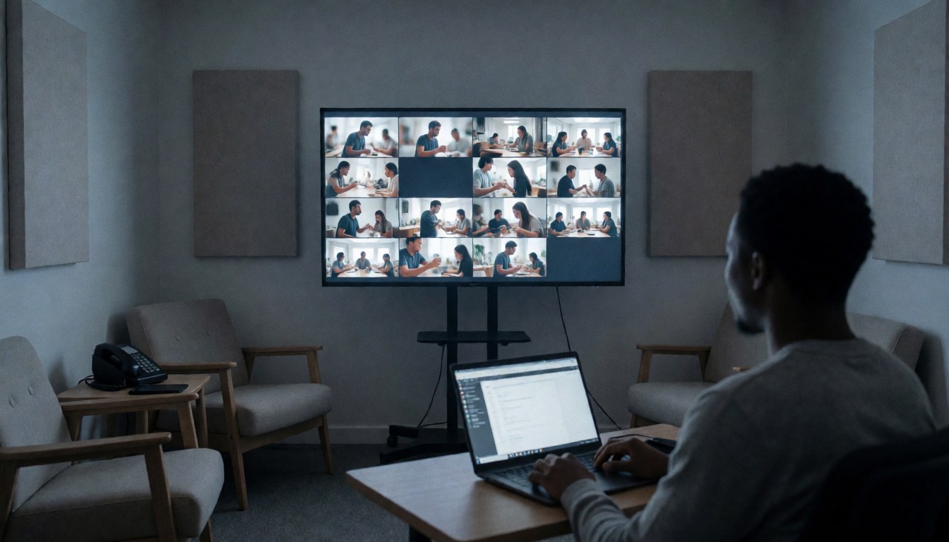 Video editor working on a large monitor in an editing room with acoustic panels and comfortable chairs.