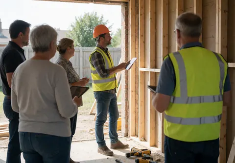 Team in safety gear reviews wooden framework outdoors using tablets and tools under natural light