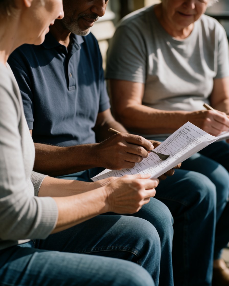 three adults sitting outside reviewing forms with a pen in a relaxed sunny atmosphere