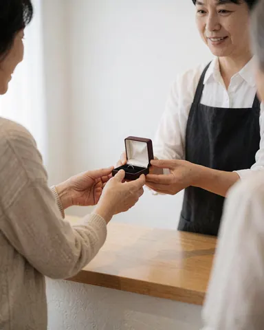 A jeweler in an apron hands a customer a ring in a brown box behind a wooden counter with white walls