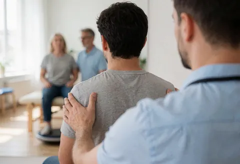 Therapist guiding a patient's movement on a wobble board in a therapy room with natural light and a wall mirror