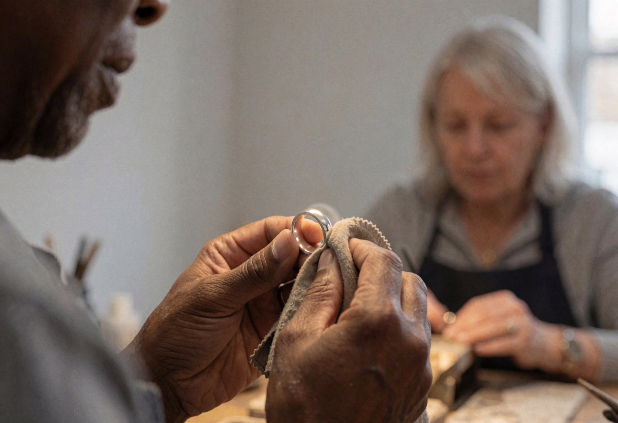 A close-up view of a hand using a soft cloth to polish a silver ring in a workshop setting with natural light and gray walls.