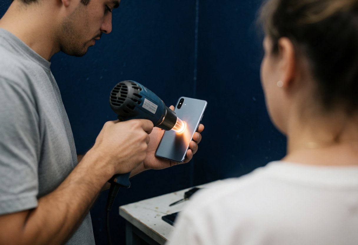 Technician uses a heat gun on the back of a mobile phone while a customer watches in a workshop with a dark blue wall.