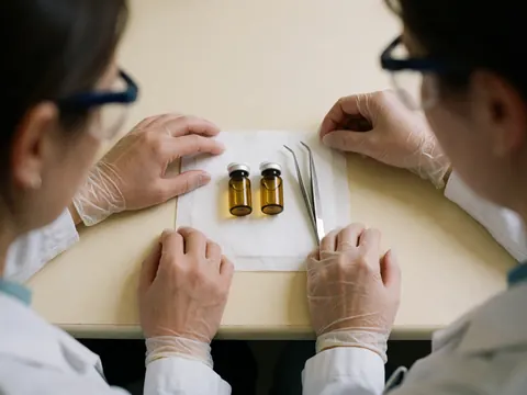 Two amber glass sample jars, metal tweezers, and disposable gloves on sterile wipes in a clinical laboratory setting.