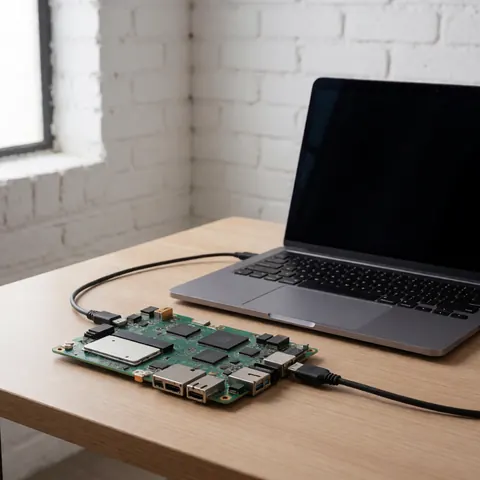 Green motherboard with chips and USB cable connected to laptop on wooden desk in office with white brick wall