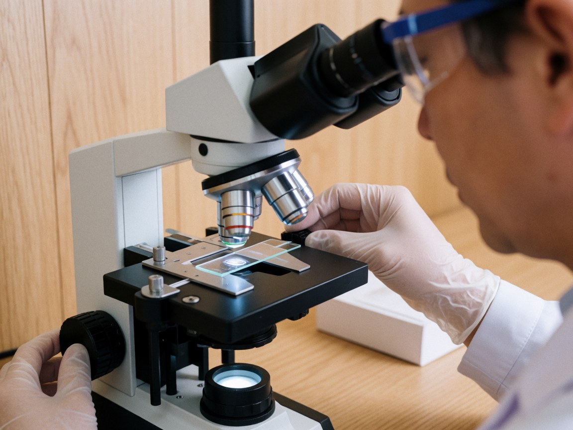 A gloved hand adjusts a microscope on a wooden table in a clinical laboratory setting with paneled walls.