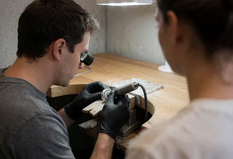 A jeweler wearing black gloves polishes a silver bracelet using a magnifying glass while another person observes the work on a wooden bench.