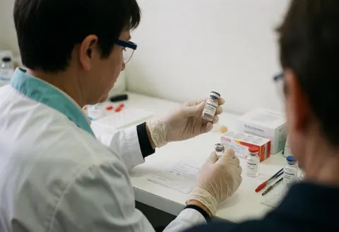 A clinical technician wearing gloves checks a vial in a laboratory setting, demonstrating laboratory analysis services.